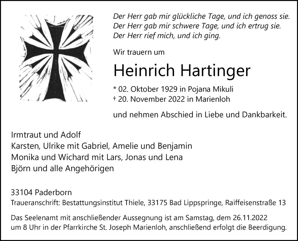  Traueranzeige für Heinrich Hartinger vom 23.11.2022 aus Westfalen-Blatt