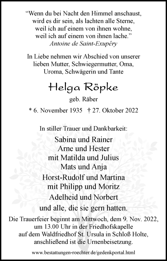 Traueranzeige von Helga Röpke von Westfalen-Blatt