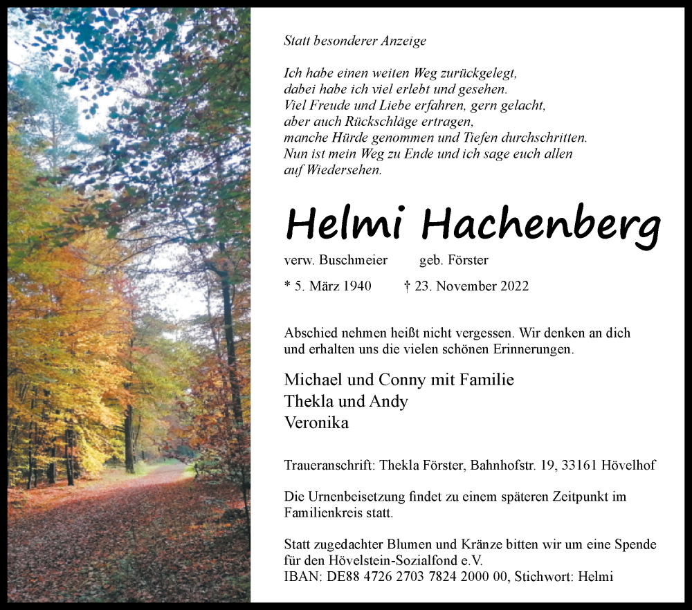  Traueranzeige für Helmi Hachenberg vom 25.11.2022 aus Westfalen-Blatt