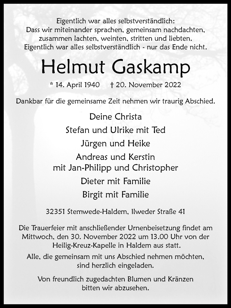  Traueranzeige für Helmut Gaskamp vom 24.11.2022 aus Westfalen-Blatt