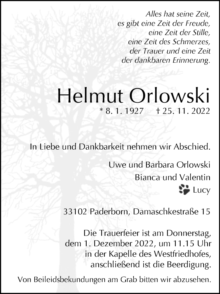  Traueranzeige für Helmut Orlowski vom 26.11.2022 aus Westfalen-Blatt