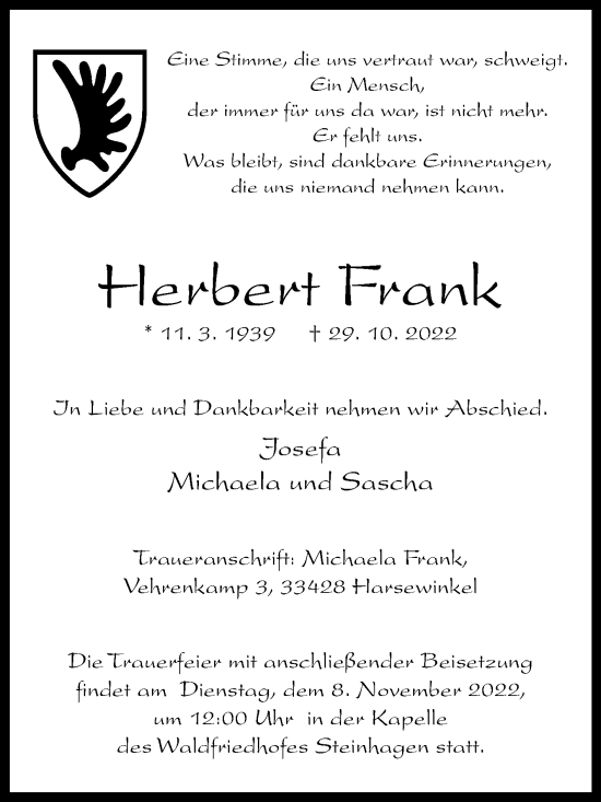 Traueranzeige von Herbert Frank von Westfalen-Blatt