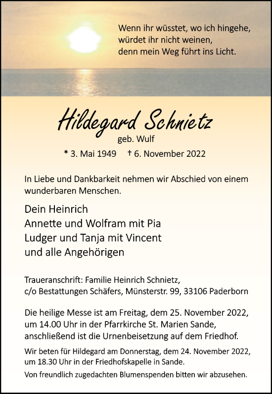 Traueranzeige von Hildegard Schnietz von Westfalen-Blatt