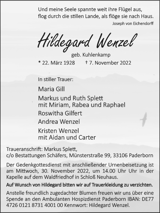 Traueranzeige von Hildegard Wenzel von Westfalen-Blatt