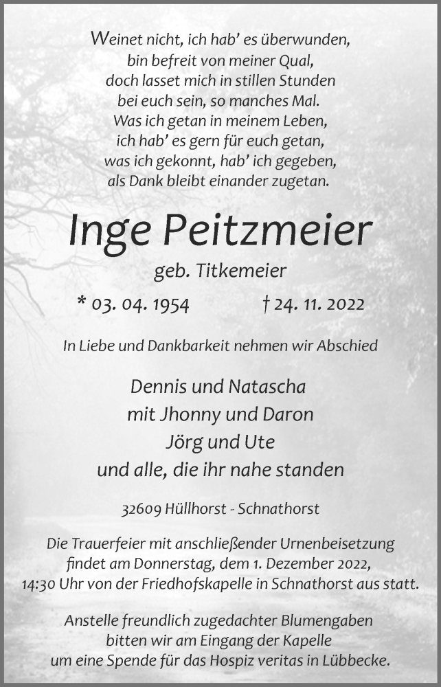  Traueranzeige für Inge Peitzmeier vom 28.11.2022 aus Westfalen-Blatt