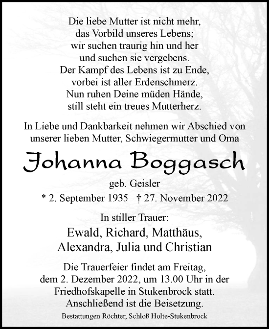 Traueranzeige von Johanna Boggasch von Westfalen-Blatt