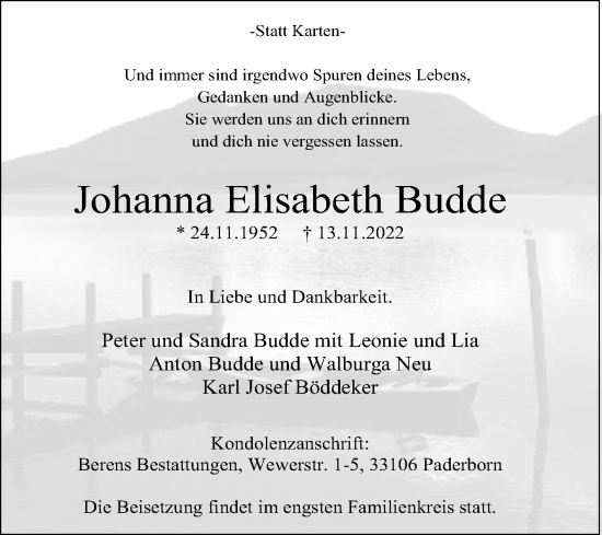 Traueranzeige von Johanna Elisabeth Budde von Westfalen-Blatt