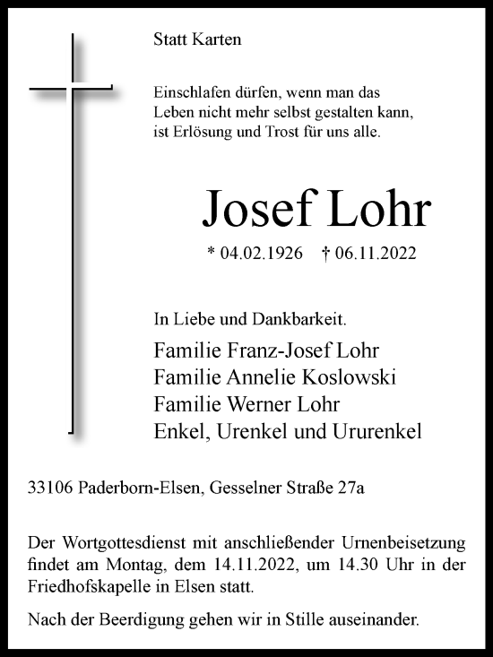 Traueranzeige von Josef Lohr von Westfalen-Blatt