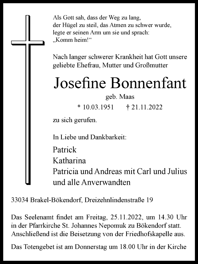  Traueranzeige für Josefine Bonnenfant vom 23.11.2022 aus Westfalen-Blatt