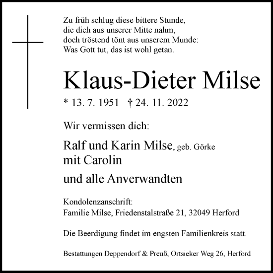 Traueranzeige von Klaus-Dieter Milse von Westfalen-Blatt