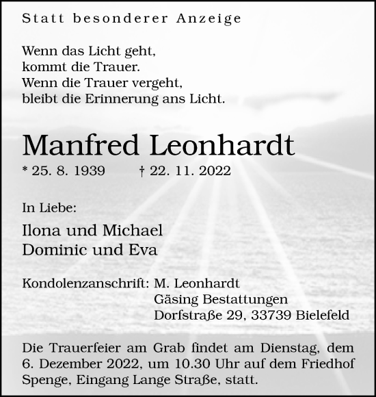 Traueranzeige von Manfred Leonhardt von Westfalen-Blatt
