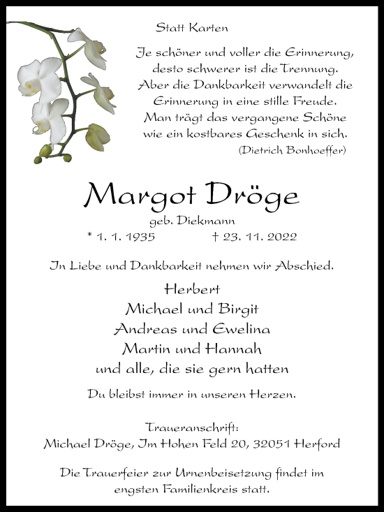 Traueranzeige von Margot Dröge von Westfalen-Blatt
