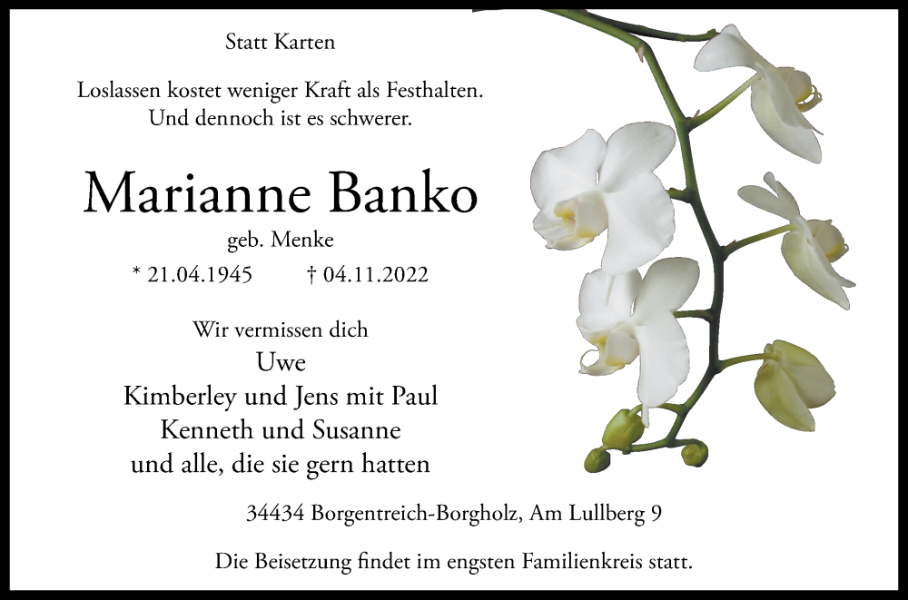  Traueranzeige für Marianne Banko vom 12.11.2022 aus Westfalen-Blatt