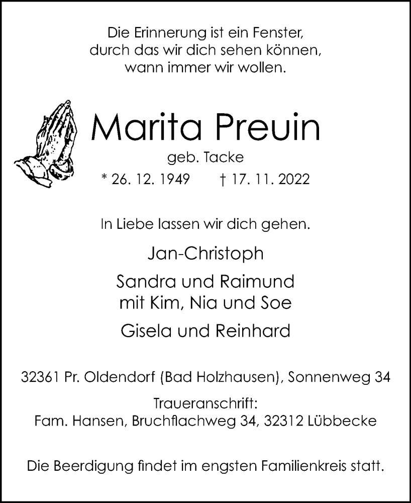  Traueranzeige für Marita Preuin vom 25.11.2022 aus Westfalen-Blatt