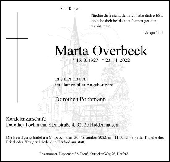 Traueranzeige von Marta Overbeck von Westfalen-Blatt