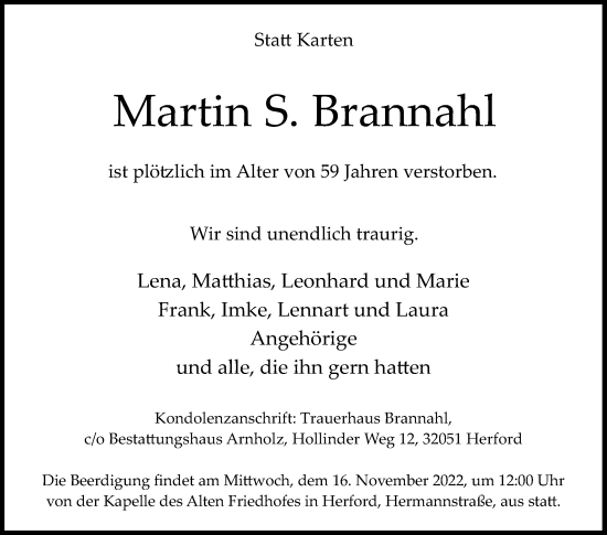 Traueranzeige von Martin S. Brannahl von Westfalen-Blatt