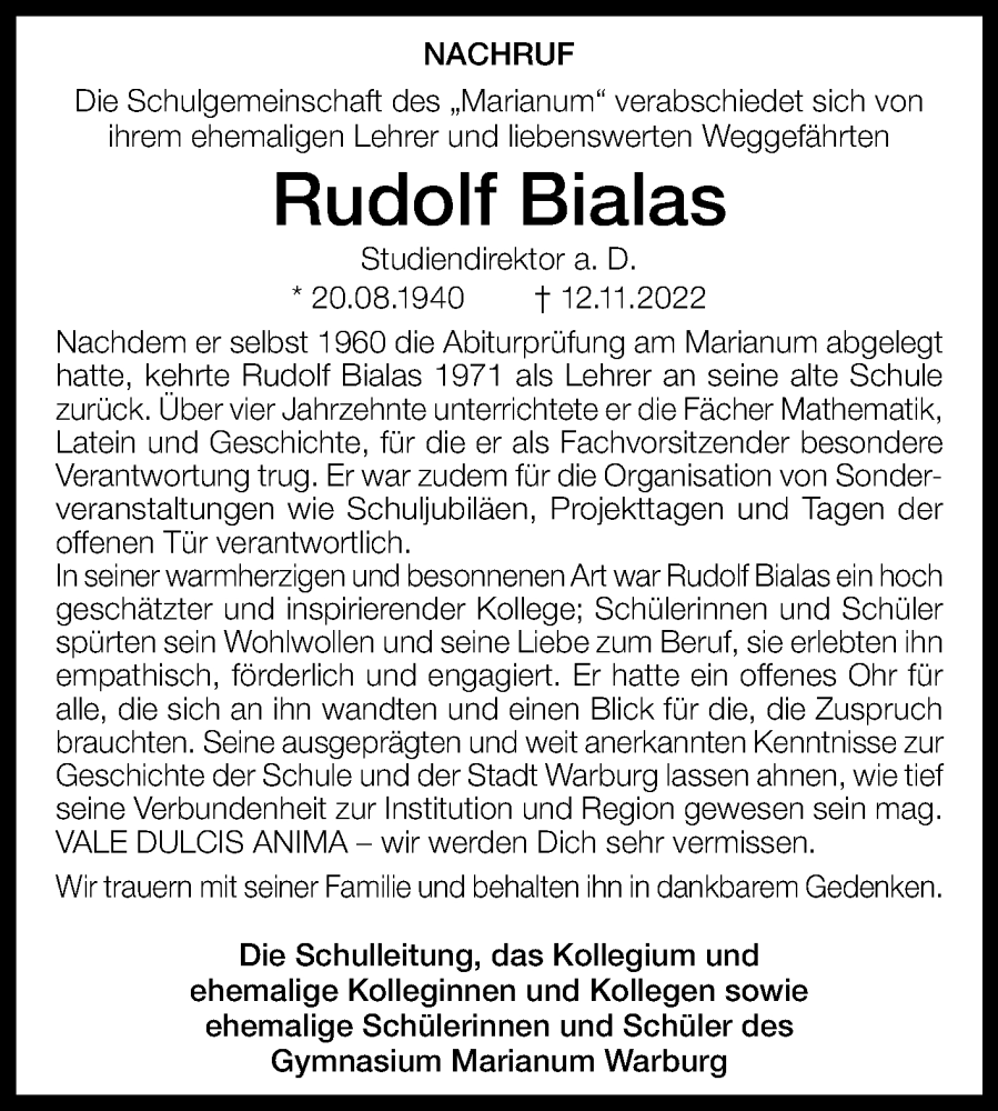  Traueranzeige für Rudolf Bialas vom 25.11.2022 aus Westfalen-Blatt
