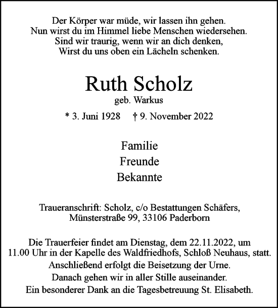 Traueranzeige von Ruth Scholz von Westfalen-Blatt
