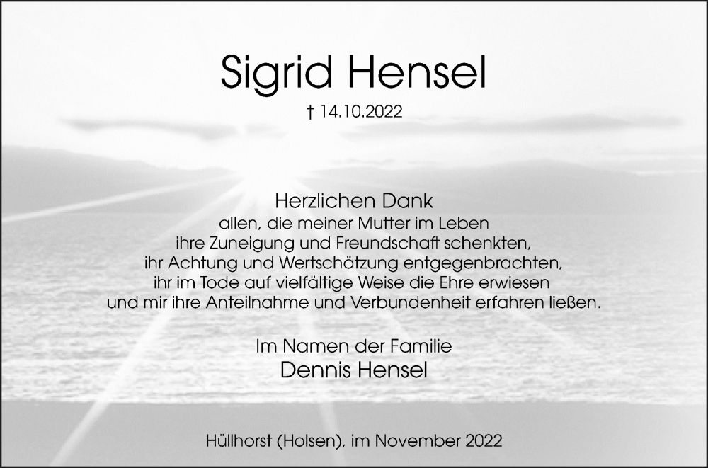  Traueranzeige für Sigrid Hensel vom 25.11.2022 aus Westfalen-Blatt