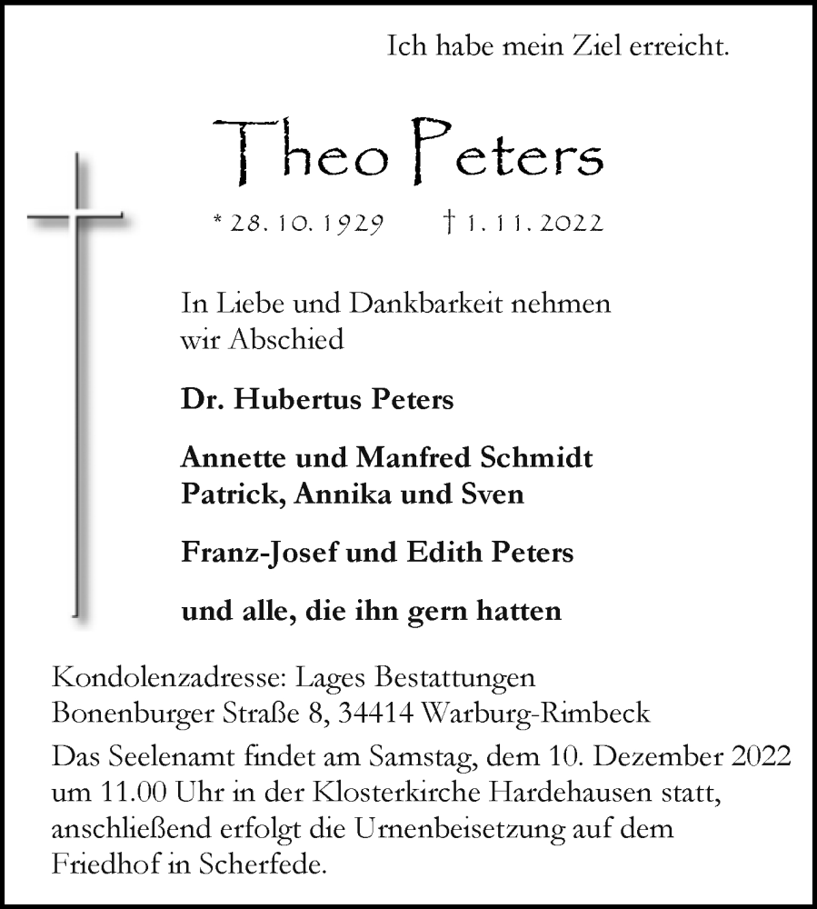  Traueranzeige für Theo Peters vom 12.11.2022 aus Westfalen-Blatt