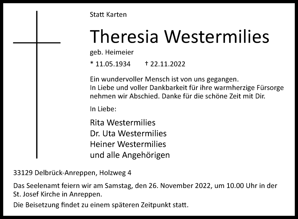 Traueranzeige für Theresia Westermilies vom 25.11.2022 aus Westfalen-Blatt