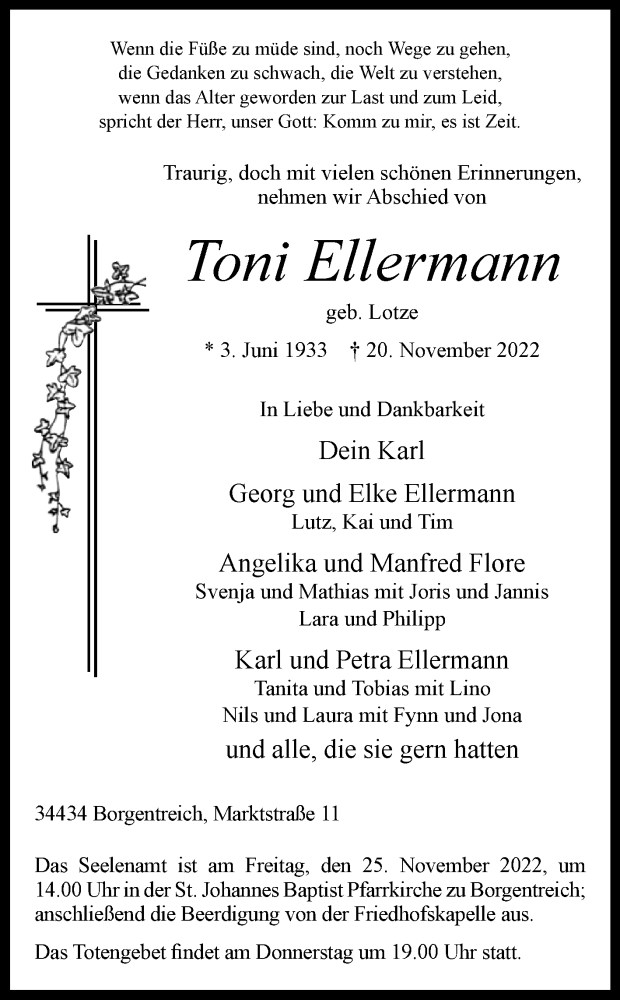  Traueranzeige für Toni Ellermann vom 23.11.2022 aus Westfalen-Blatt
