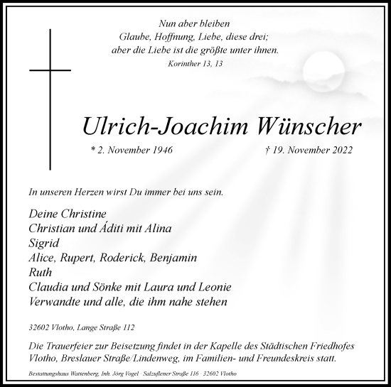 Traueranzeige von Ulrich-Joachim Wünscher von Westfalen-Blatt