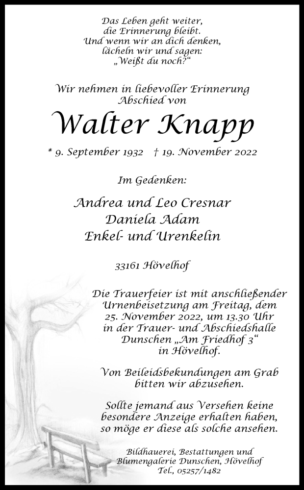  Traueranzeige für Walter Knapp vom 22.11.2022 aus Westfalen-Blatt