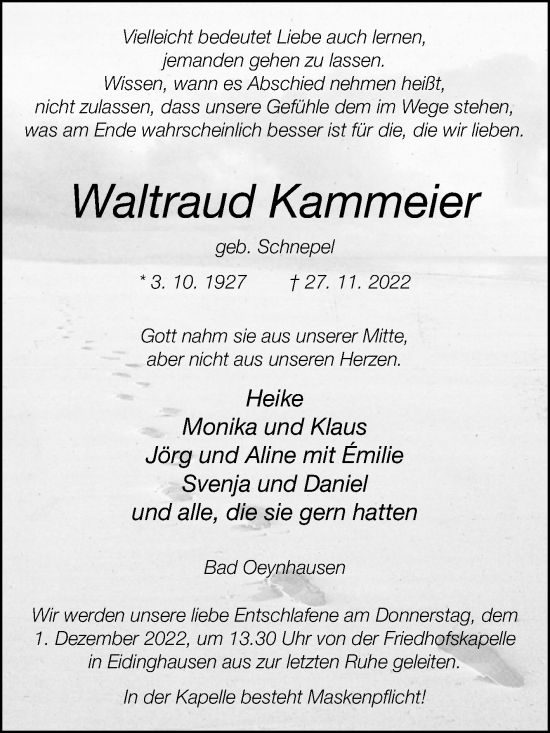 Traueranzeige von Waltraud Kammeier von Westfalen-Blatt