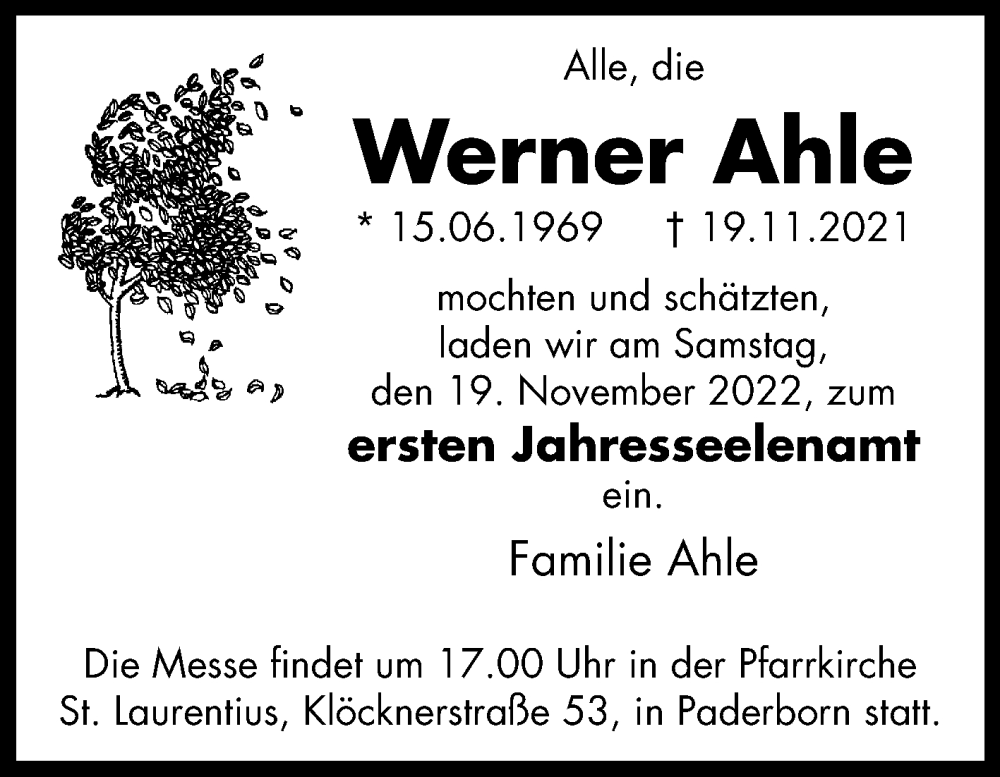  Traueranzeige für Werner Ahle vom 16.11.2022 aus Westfalen-Blatt