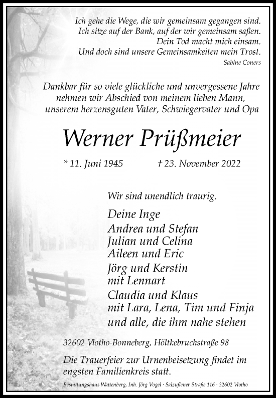 Traueranzeige von Werner Prüßmeier von Westfalen-Blatt