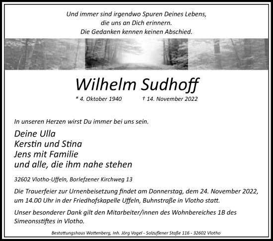 Traueranzeige von Wilhelm Sudhoff von Westfalen-Blatt
