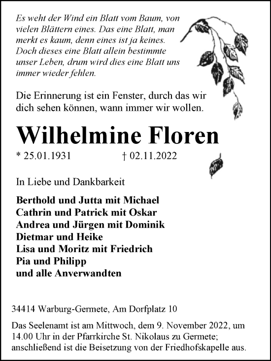 Traueranzeige von Wilhelmine Floren von Westfalen-Blatt