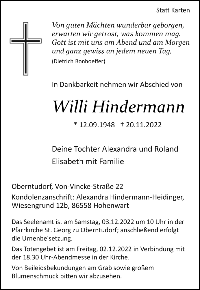  Traueranzeige für Willi Hindermann vom 23.11.2022 aus Westfalen-Blatt