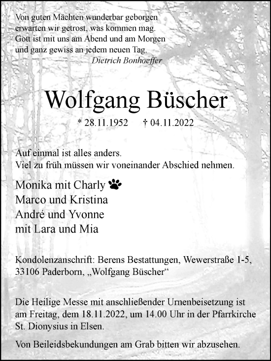 Traueranzeige von Wolfgang Büscher von Westfalen-Blatt