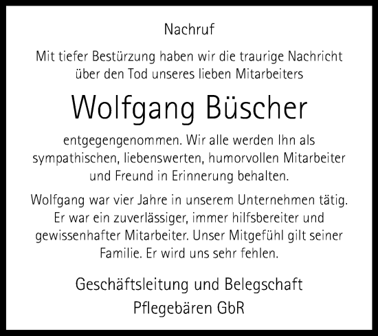 Traueranzeige von Wolfgang Büscher von Westfalen-Blatt