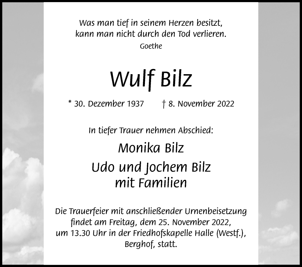  Traueranzeige für Wulf Bilz vom 16.11.2022 aus Westfalen-Blatt