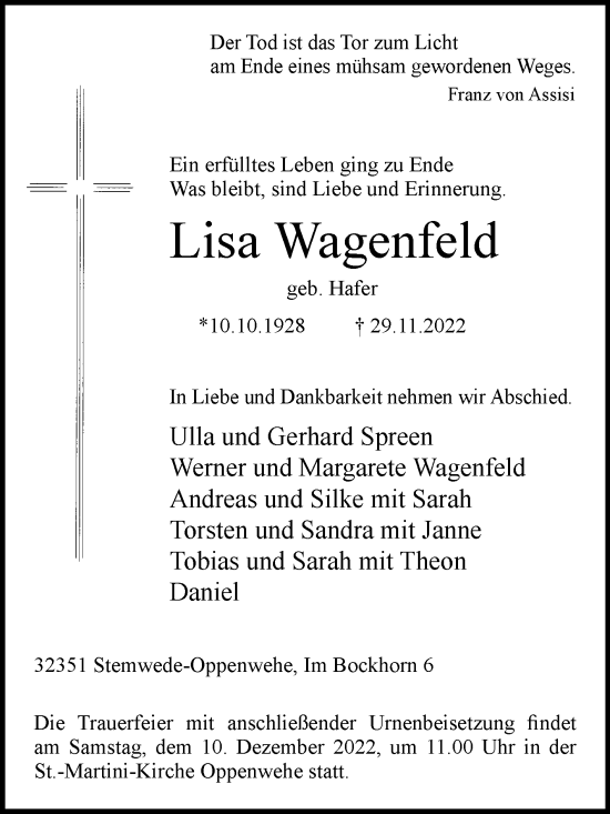 Traueranzeige von Lisa Wagenfeld von Westfalen-Blatt