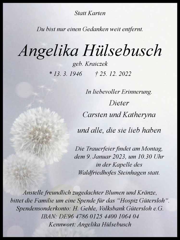  Traueranzeige für Angelika Hülsebusch vom 31.12.2022 aus Westfalen-Blatt