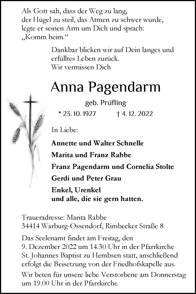  Traueranzeige für Anna Pagendarm vom 08.12.2022 aus Westfalen-Blatt
