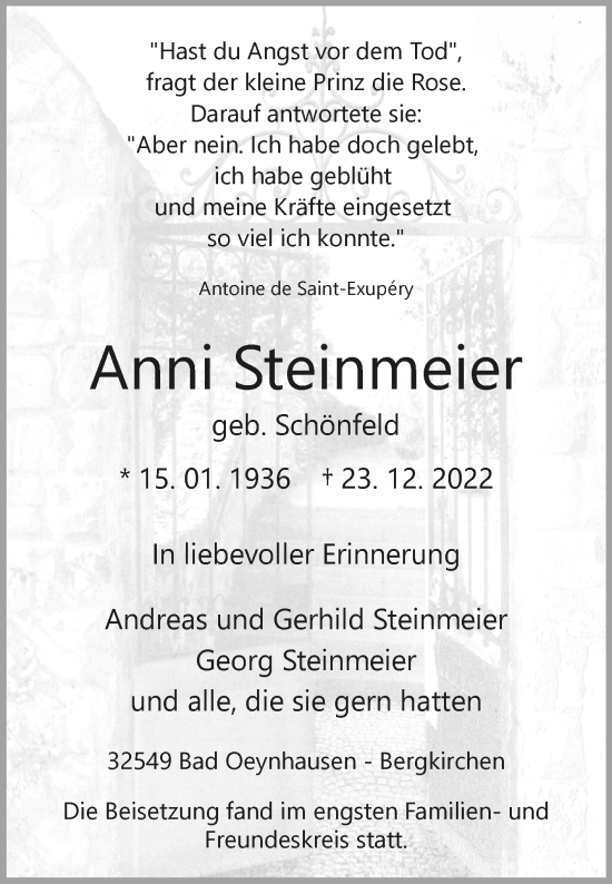 Traueranzeige von Anni Steinmeier von Westfalen-Blatt