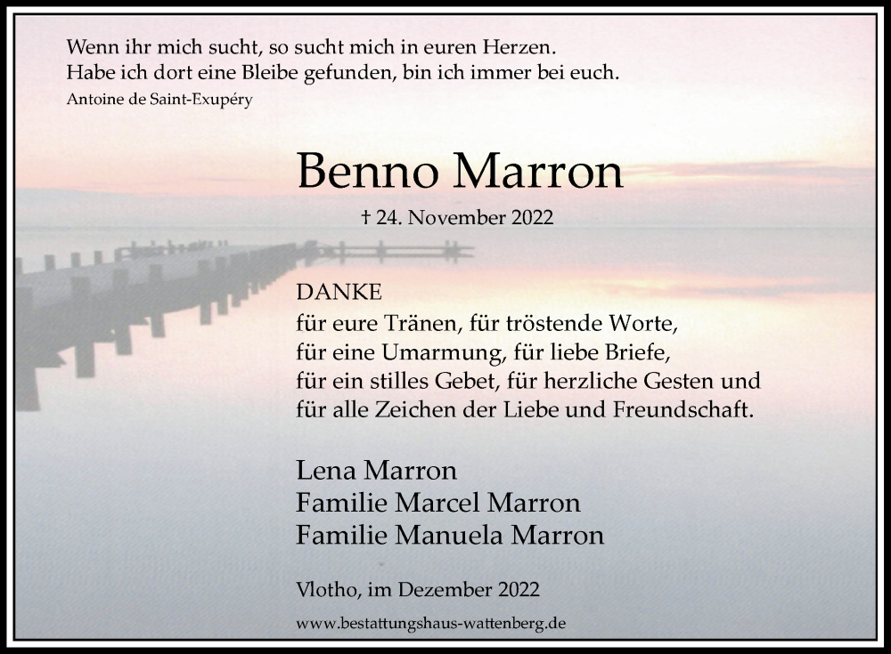 Traueranzeige für Benno Marron vom 31.12.2022 aus Westfalen-Blatt