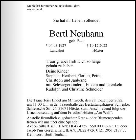 Traueranzeige von Bertl Neuhann von Westfalen-Blatt