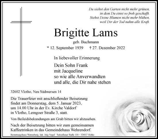 Traueranzeige von Brigitte Lams von Westfalen-Blatt