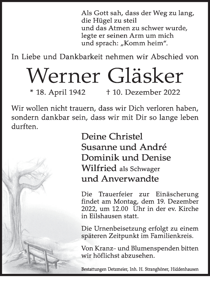  Traueranzeige für Werner Gläsker vom 15.12.2022 aus 