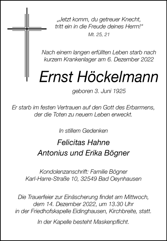 Traueranzeige von Ernst Höckelmann von Westfalen-Blatt