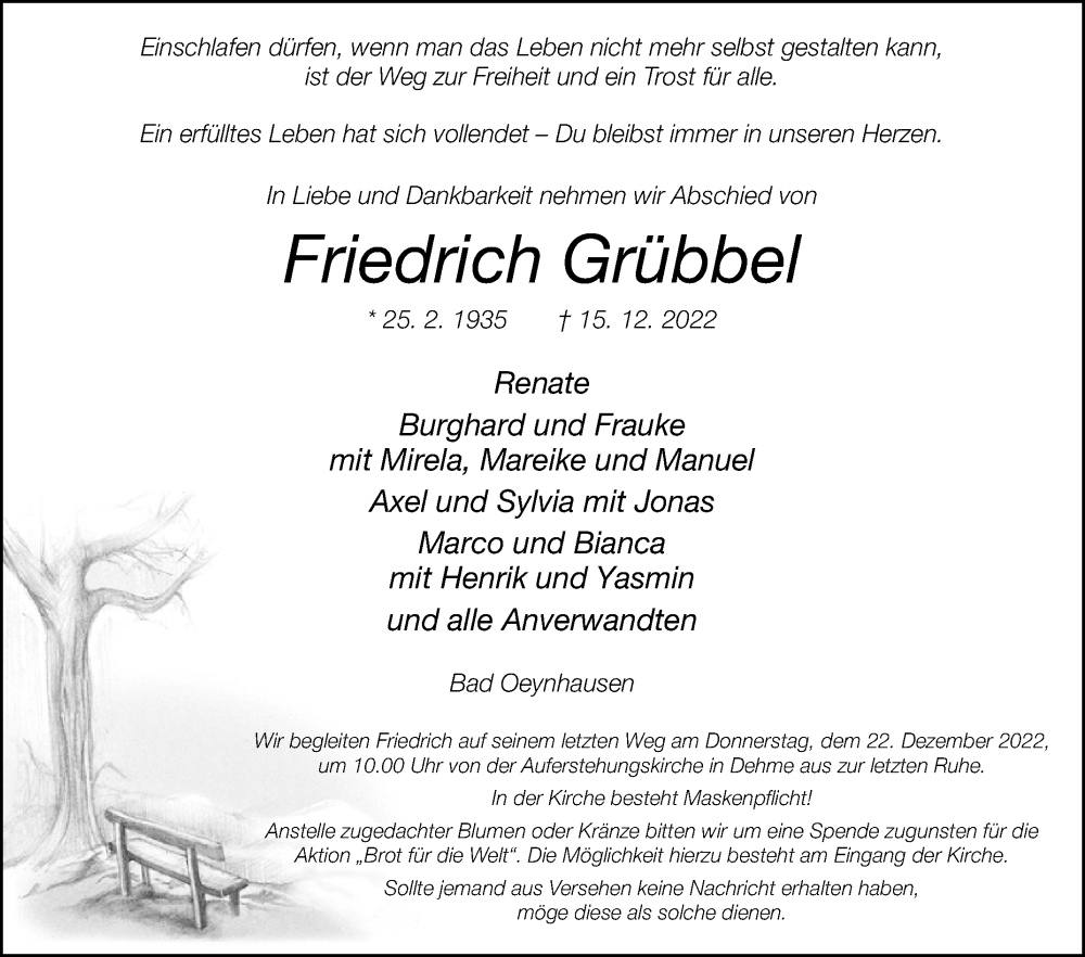  Traueranzeige für Friedrich Grübbel vom 20.12.2022 aus Westfalen-Blatt