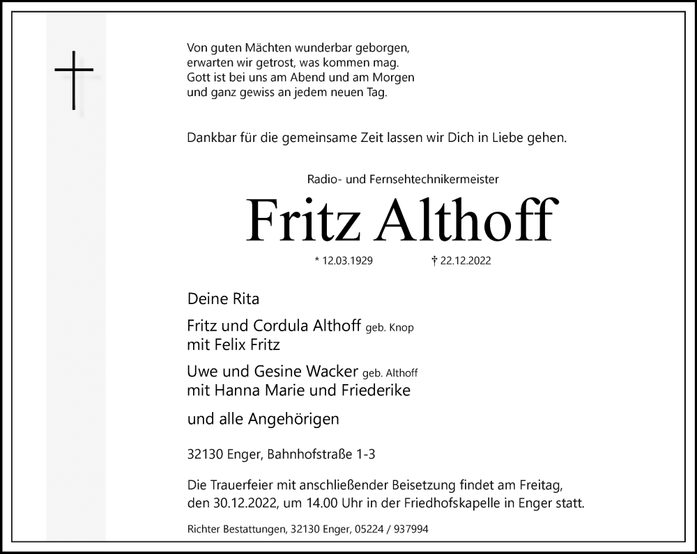 Traueranzeige für Fritz Althoff vom 24.12.2022 aus Westfalen-Blatt