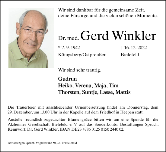 Traueranzeige von Gerd Winkler von Westfalen-Blatt