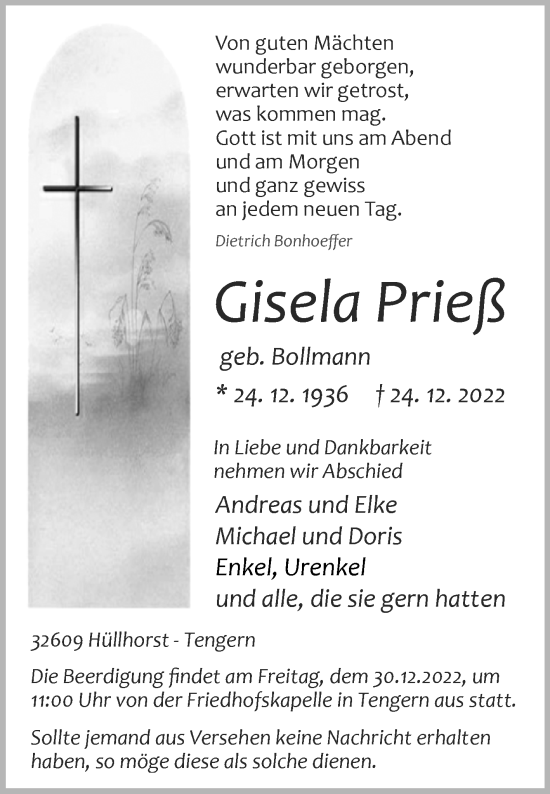 Traueranzeige von Gisela Prieß von Westfalen-Blatt